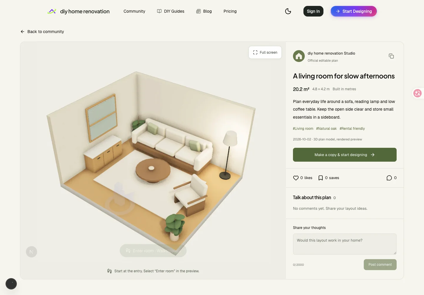 Community plan detail showing dimensions, an interactive preview and the copy-plan link