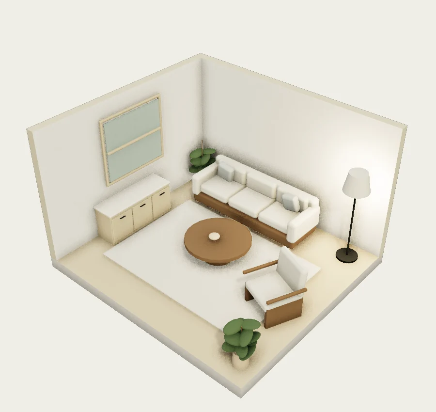 Rendered model of a compact lounge showing the furniture layout