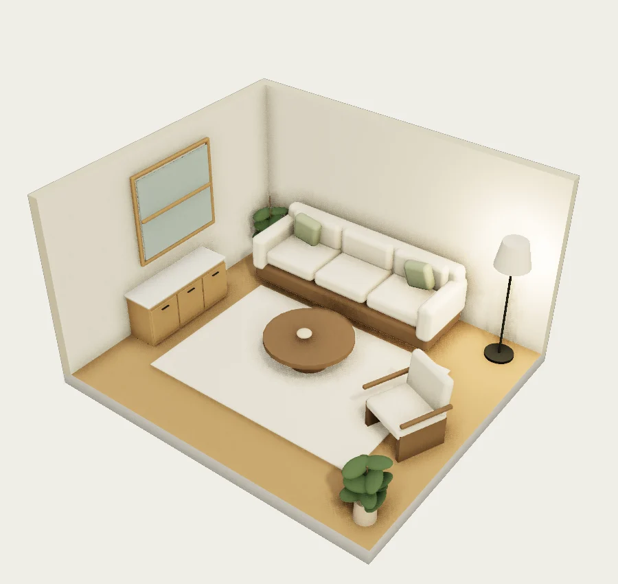 Rendered model of a living room with a sofa, coffee table and reading corner