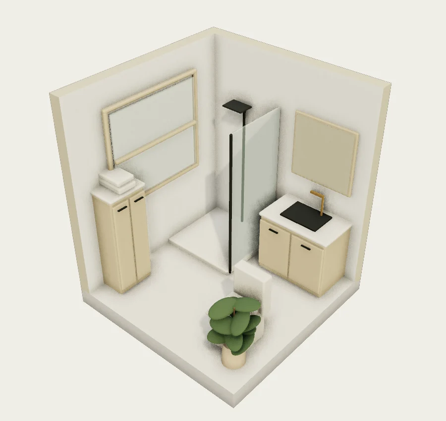 A compact bathroom with useful storage