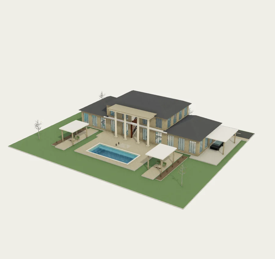 Stone manor · Twin wings and a grand portico