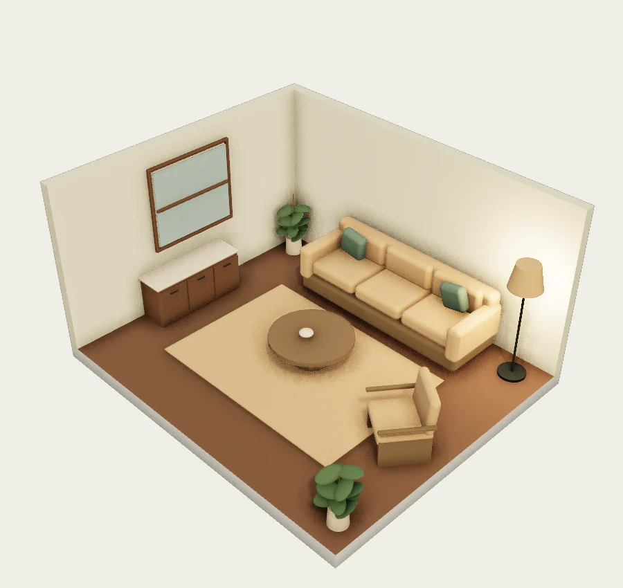 A walnut lounge with a little green