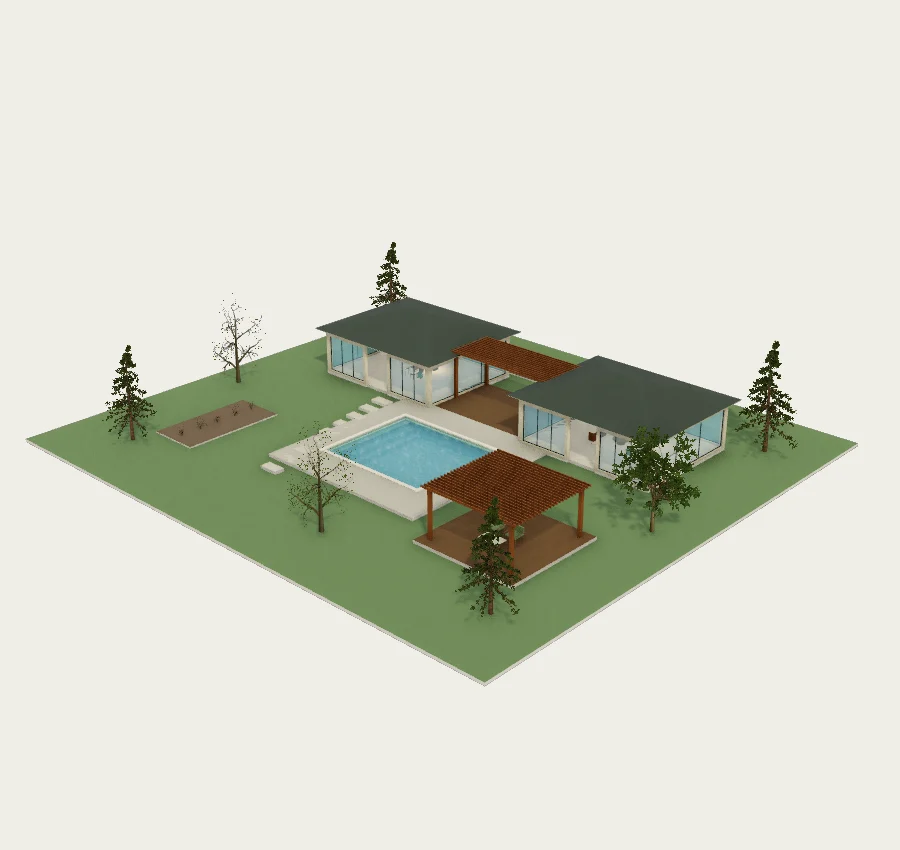 Woodland spa garden · Twin pavilions and quiet water