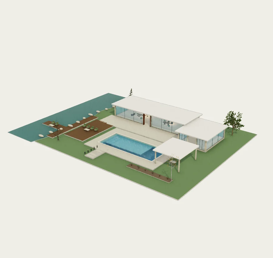 Lakeside club garden · Long pool and guest retreat
