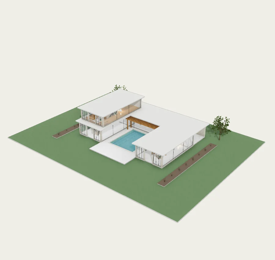 Courtyard residence · Three wings around a water court
