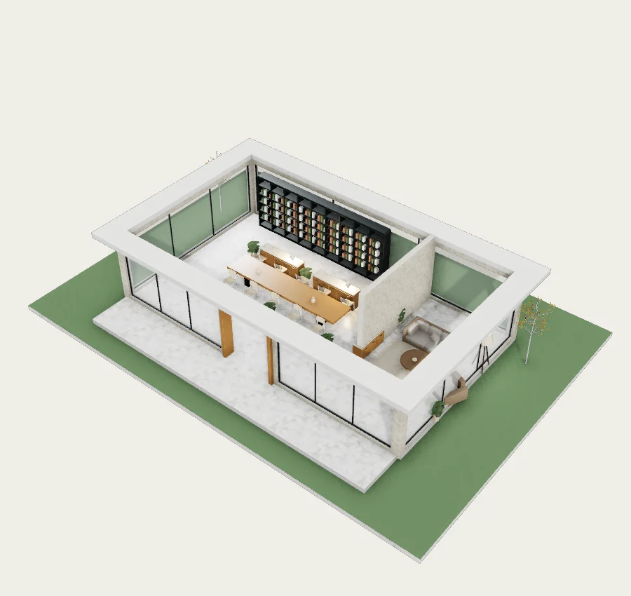 Dining gallery · Banquet table, wine wall and tea room