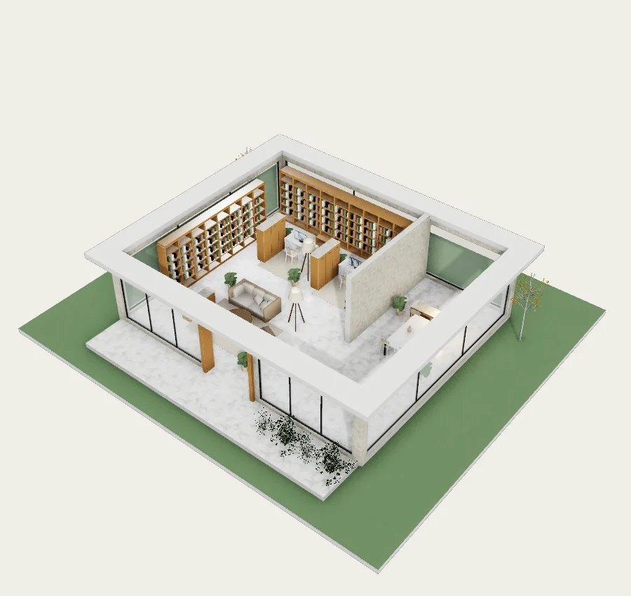 Library studio · Dual desks and a meeting courtyard