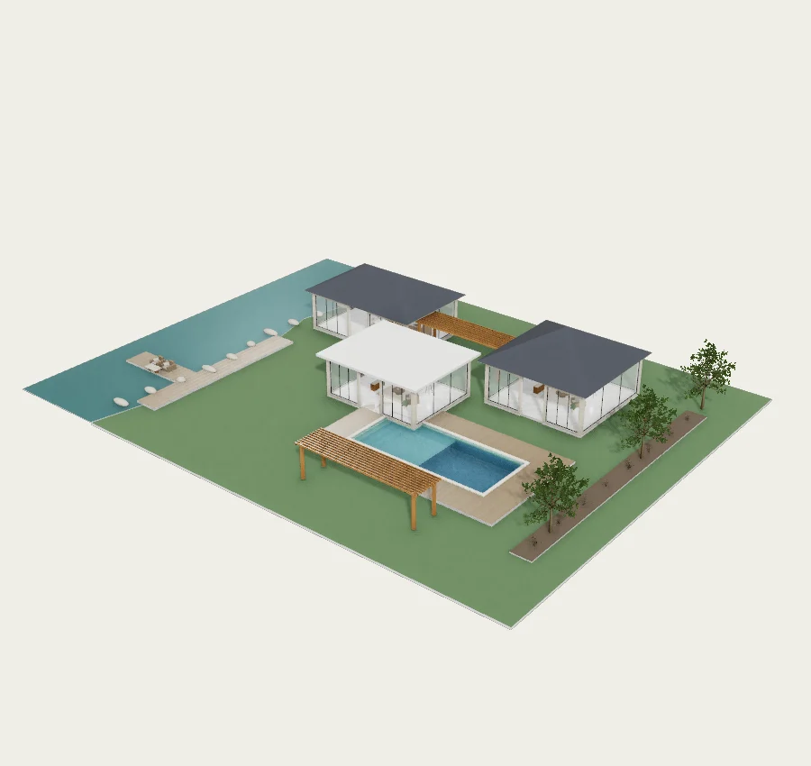 Waterfront club garden · Three pavilions and pool axis